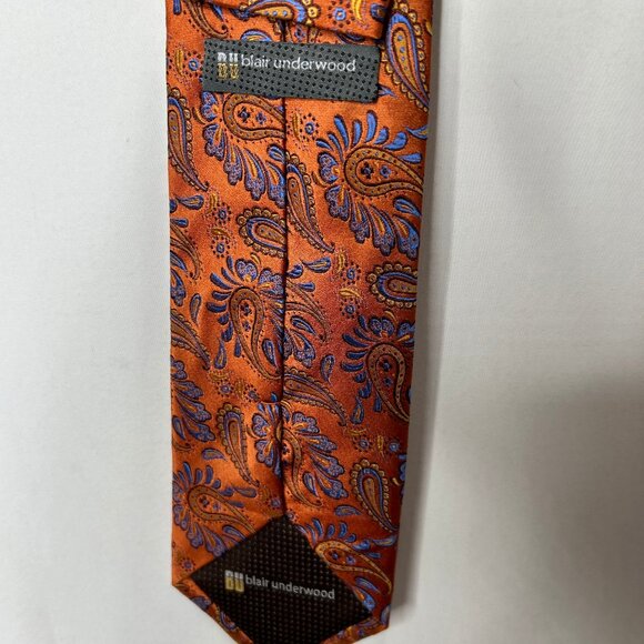 Blair Underwood Mens Neck Tie 3 ½” Rust Orange & Blue Paisley 100% Silk Handmade - Picture 9 of 10